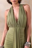 Roselani Olive Halter Neck Maxi Dress With Open Back