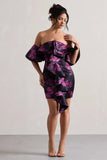 Aspen Black Floral Print Bardot Mini Dress With Ruffles