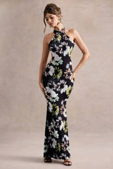 Tuscany Black Floral Print Halter Neck Split Maxi Dress