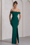 Law of Attraction Bottle Green Bardot Draped Split Maxi Dress