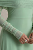 Flatter Me Light Green Bardot Midi Dress With Mesh Sleeves