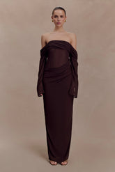 Kirsten Off Shoulder Chiffon Maxi Dress Cacao Brown