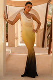 Casey Yellow Ombre Print Asymmetric Neckline Cowl Maxi Dress