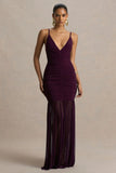 Pasqualina Plum Ruched Plunge Neck Maxi Dress