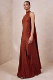 Cara Rust Matte Satin High Neck Maxi Dress
