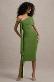 Vallea Green One Shoulder Draped Midi Dress