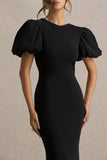 Carolina Black Puff Sleeve Maxi Dress With White Bow Detail