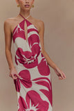 Katalina Chiffon Cowl Halter Top Red Deco Fleur Print