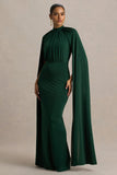 Darielle Bottle Green High Neck Cape Sleeve Maxi Dress