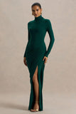 Betsy Bottle Green High Neck Maxi Dress With Front Split And Ruched Detailing