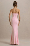 My Muse Pink Ruched Bandeau Split Maxi Dress With Flowers