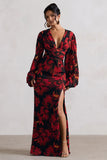 Casarile Red Floral Print V Neck Balloon Sleeve Maxi Dress