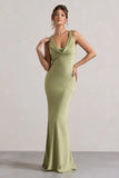 Alesso Light Olive Satin Cowl Neck Maxi Dress