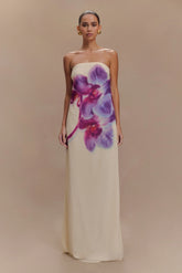 Amaya Strapless Chiffon Maxi Dress Ivory Koi Orchid Print