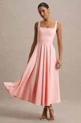 Parina Pink Strappy Volume Hem Midi Dress