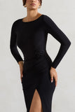 Makayla Black Long Sleeve Wrap Maxi Dress With Corsages