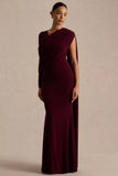 Rubelle Burgundy Asymmetric Neck Maxi Dress With Draped Detailing