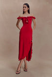 Allegra Off Shoulder Ruffle Midi Dress Ruby