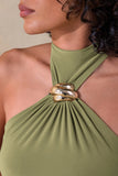Polina Olive High Neck Maxi Dress With Drape And Gold Detail