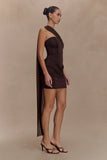 Mattea Slinky And Mesh Mini Dress With Scarf Dark Chocolate