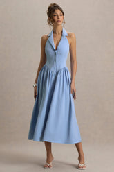 Samsara Light Blue Plunge Neck Collared Midi Dress