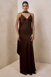 Starling Brown Matte Satin Plunge Neck Maxi Dress With Scarf Detail
