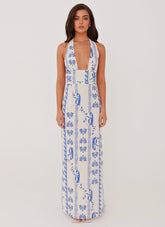 Sky Linen Maxi Dress Floral Wave