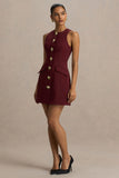 Belony Dark Plum Crew Neck Mini Dress With Button Detailing