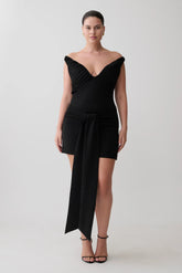 Runa Off Shoulder Mini Dress With Waist Tie Black