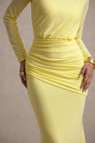 Deanna Lemon Asymmetric Long Sleeve Ruched Maxi Dress