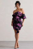 Aspen Black Floral Print Bardot Mini Dress With Ruffles