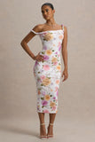 Nora Peach And Lilac Floral Twisted Asymmetric Midi Dress
