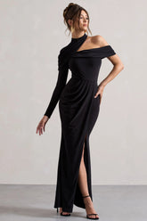 Tyla Black Asymmetric High Neck Split Maxi Dress