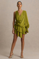 Cara Olive Satin Plunge Neck Micro Mini Dress With Long Sleeve
