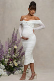 Neva White Bardot Twist Maternity Midi Dress