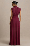 Melanina Burgundy High Neck Maxi Dress With Ruched Detailing