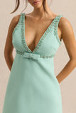 Amely Green Plunge Neck Mini Dress With Bow Detail