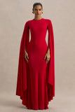 Briony Red Crew Neck Maxi Dress With Cape Sleeves