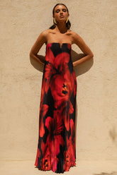 Bergamot Black And Red Floral Print Satin Sweetheart Maxi Dress