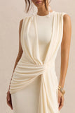 Blythia Cream Round Neck Maxi Dress With Gathered Detailing