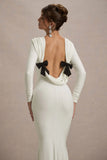 Rosalee Cream Long Sleeve Cowl Back Maxi Dress With Bows