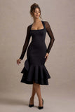 Sander Black Mesh Long Sleeve Ruffle Hem Midi Dress