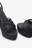 Crystal Cut Black Strappy Heeled Platform Sandals With Diamante Buckles