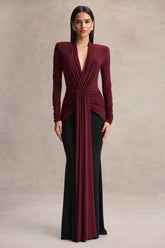 Halston Burgundy And Black Plunge Neck Maxi Dress With Gathered Detailing