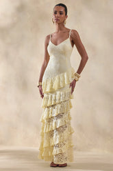 Avelisse Lemon Lace Plunge Neck Maxi Dress With Ruffled Detailing