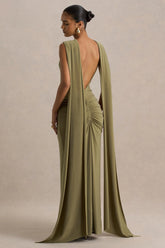 Premiere Olive Boat Neck Maxi Dress With Cape Sleeves And Open Back