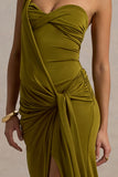 Erminia Olive Green One Shoulder Twist Wrap Maxi Dress