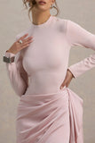 Raffie Pink Long Sleeve Midi Dress With Satin Wrap Skirt