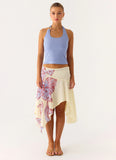 Kia Low Rise Asymmetrical Midi Skirt Purple Floral