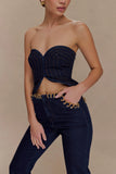 Tully Strapless Topstitch Denim Top Indigo Blue